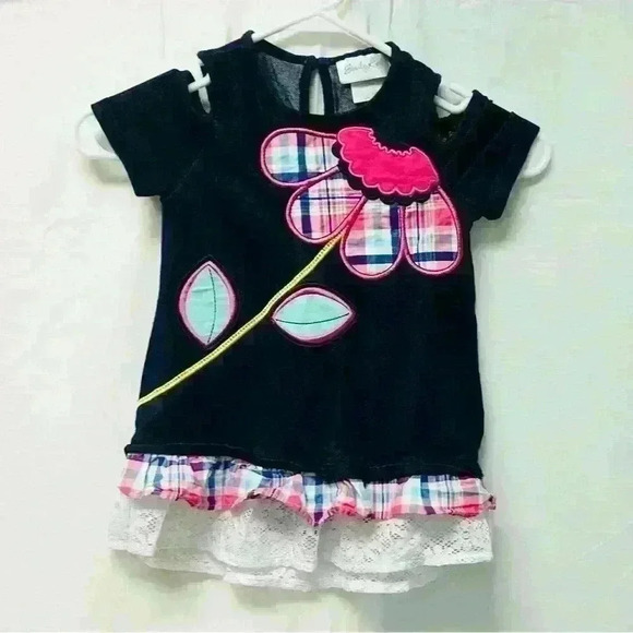 Emily Rose Cut Out Shoulder Girls Sz 5 Denim Flower Lace Trim - Picture 3 of 12